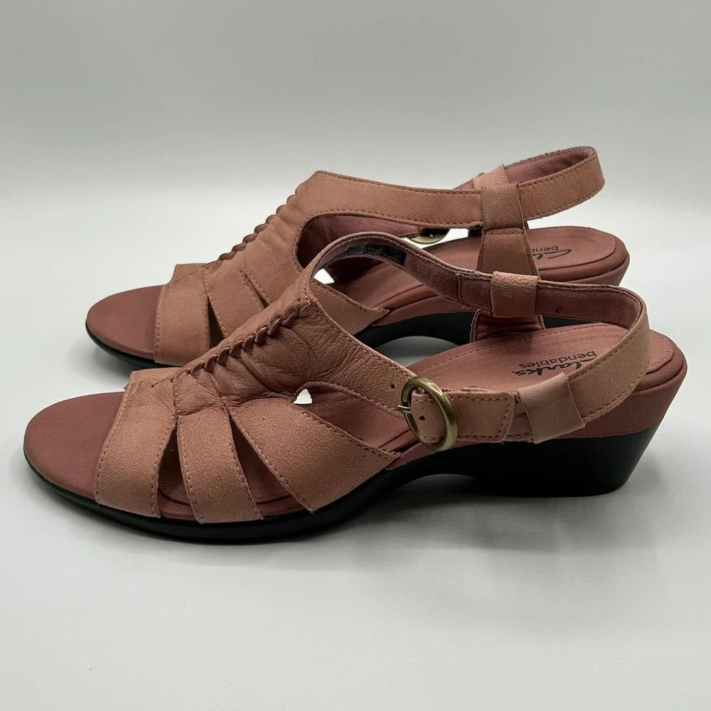 Clarks Bendables Dusty Rose Leather Ruched Wedge Slingback Sandals 9M Minimalist